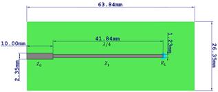 Quarter-wave transformer in microstrip modeled in CST STUDIO SUITE 