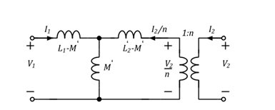 Figure 4. Coupled inductors model with T equivalent circuit with ideal transformer